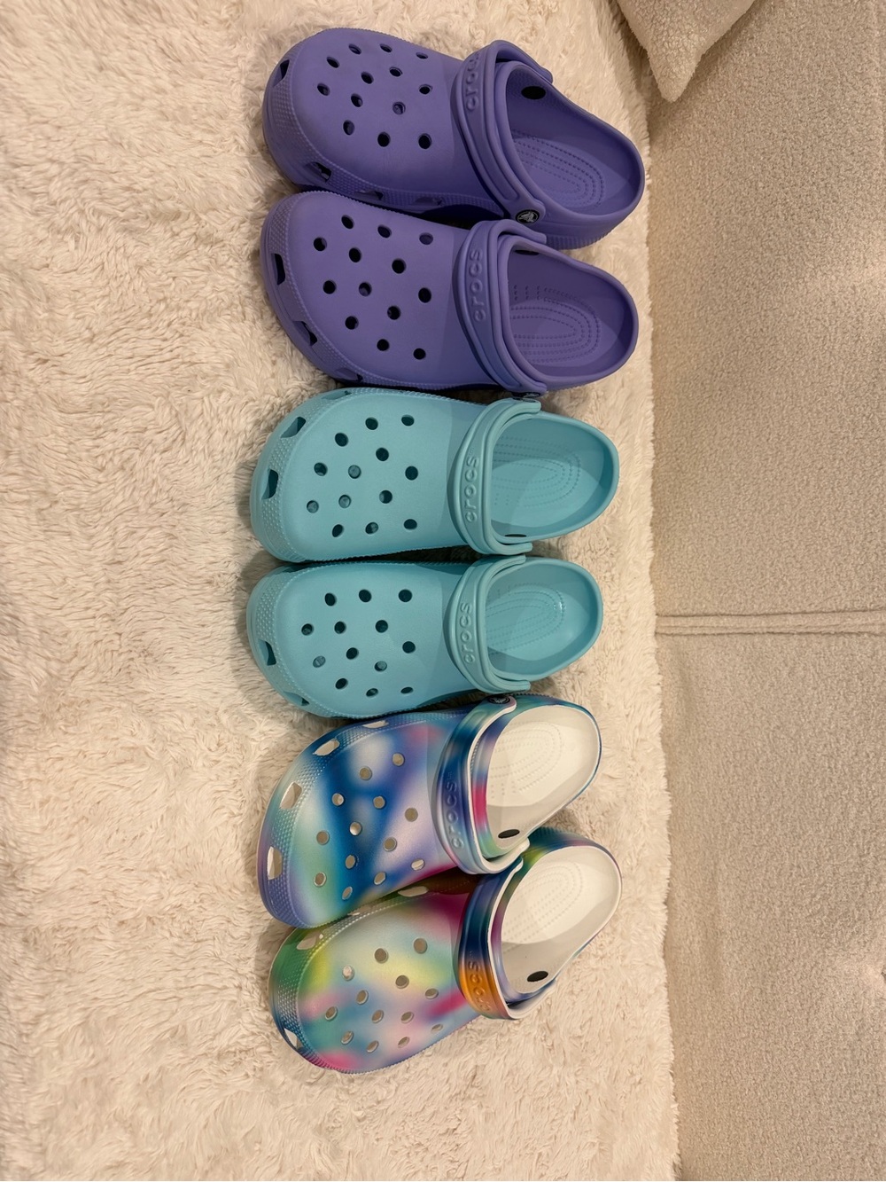 3 pairs CROCS  Clogs in Purple, Aqua & Rainbow Gradient size men’s 9 woman’s 11